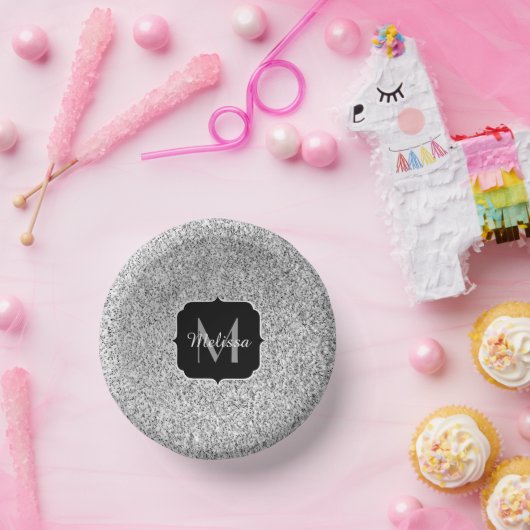 Glitzern Monogram für silbergraue helle Glitzer Pappteller (Party)