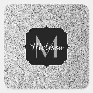 Glitzern Monogram für silbergraue helle Glitzer Quadratischer Aufkleber