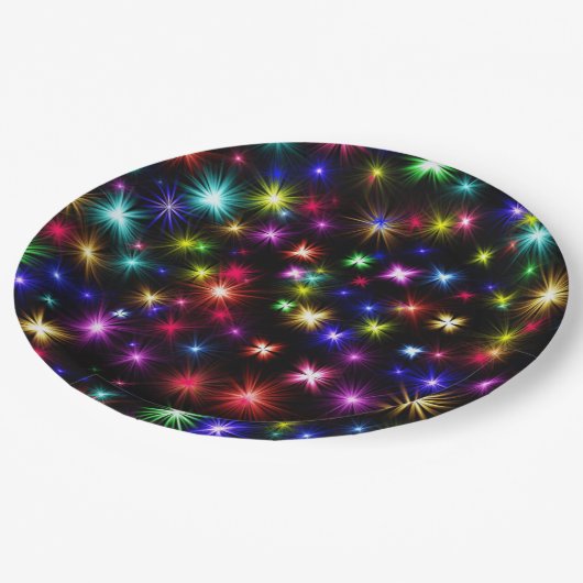 Glitzern, Sterne und Feuerwerkskörper Pappteller (Schrägansicht)