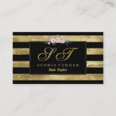 Glitzern Streifen Gold Glitzer Floral Monogramm Visitenkarte (Vorderseite)