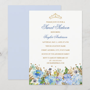 Glitzernd Blaue Blumen Sweet Sixteen Einladung