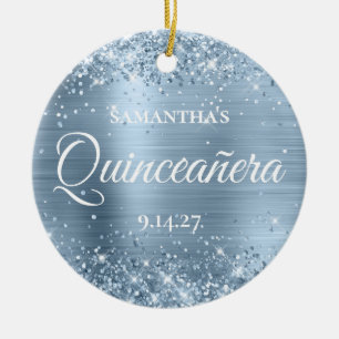 Glitzernde Blassblaue Quinceañera-Foto Keramik Ornament