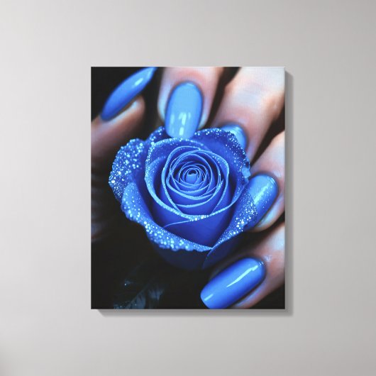 Glitzernde Blaue Rose mit Passenden Nägeln Leinwanddruck (Vorderseite)
