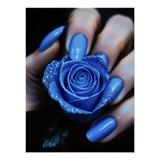 Glitzernde Blaue Rose mit Passenden Nägeln Poster (Vorderseite)