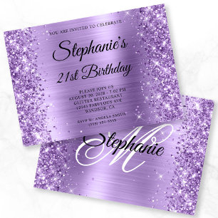 Glitzernde Helllila Glam Monogramm 21. Geburtstag Einladung