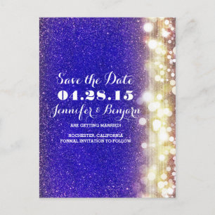 glitzernde Lichterkette gold und blau Save the Dat Ankündigungspostkarte