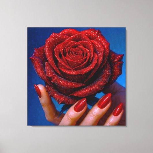Glitzernde Rote Rose mit Passenden Nägeln Leinwanddruck (Vorderseite)