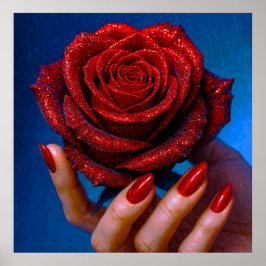Glitzernde Rote Rose mit Passenden Nägeln Poster