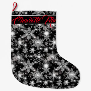 Glitzernde silberne festliche Schneeflocken Muster Großer Weihnachtsstrumpf