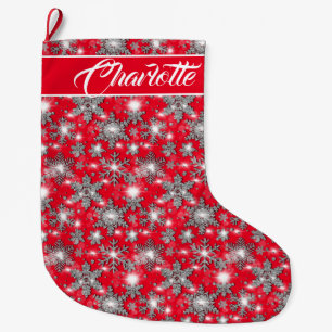 Glitzernde silberrote festliche Schneeflockenmuste Großer Weihnachtsstrumpf