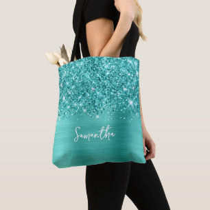 Glitzernde Türkis Teal Glam Name Tasche