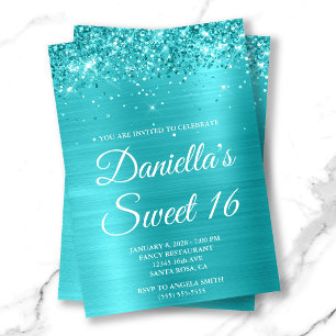 Glitzernde Türkisblaue Metallische Sweet 16 Einladung