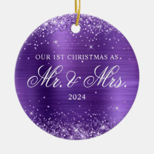 Glitzernder Amethyst-Folie Unser 1. Weihnachtsfoto Keramik Ornament
