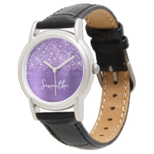 Glitzernder Amethyst Lila Glam Weiße Name Armbanduhr