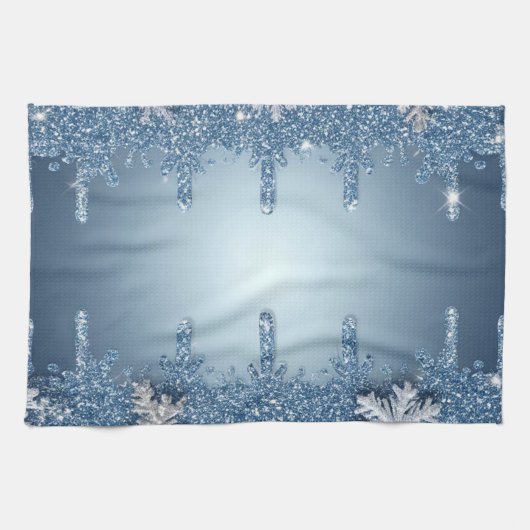 Glitzernder blauer Schneeflockenrahmen mit Eiszapf Geschirrtuch (Horizontal)