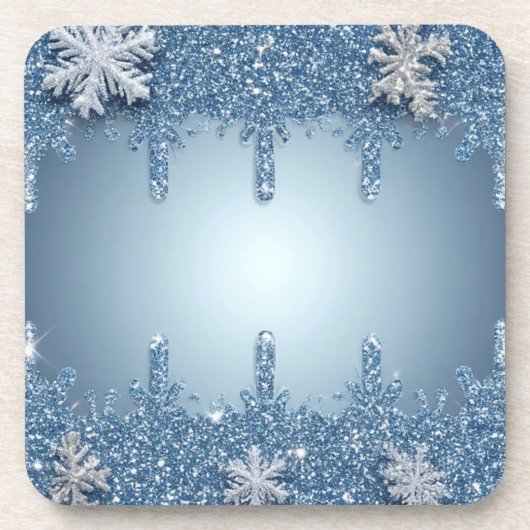 Glitzernder blauer Schneeflockenrahmen mit Eiszapf Getränkeuntersetzer (Vorderseite)