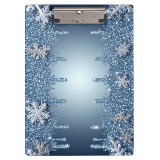 Glitzernder blauer Schneeflockenrahmen mit Eiszapf Klemmbrett (Vorderseite)
