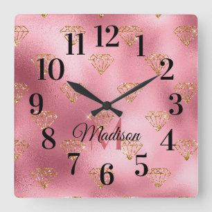 Glitzernder funkelnder Blush-Rosa Gold-Monogramm-N Quadratische Wanduhr