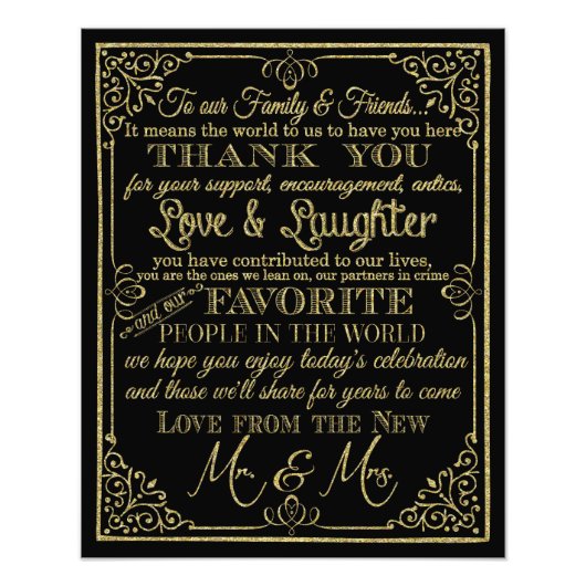 glitzerndes Gold und schwarz Danke Hochzeitszeiche Fotodruck (Vorne)