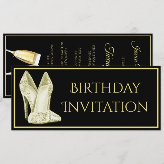 Glitzerschuhe & Champagner Geburtstag Einladung (Vorne/Hinten)