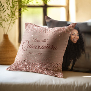 Glitzige Roségold Glam Quinceanera Foto Kissen