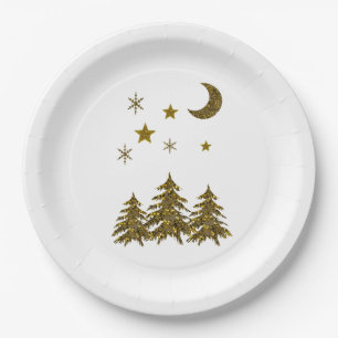 Glitziger Weihnachtsbaum, Mond, Sterne Pappteller