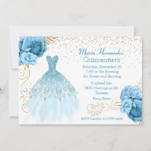 Glitziges Aquamarin- und Gold-Kleid Quinceañera  Einladung