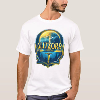 Glitzor9 Skyline-Abzeichen — Planet- und Schwertem T-Shirt