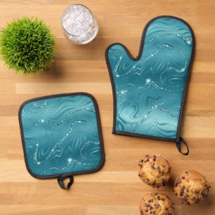 Glitzy Aqua Blauer türkisfarbener Marmor Ofenhandschuh & Topflappen-Set