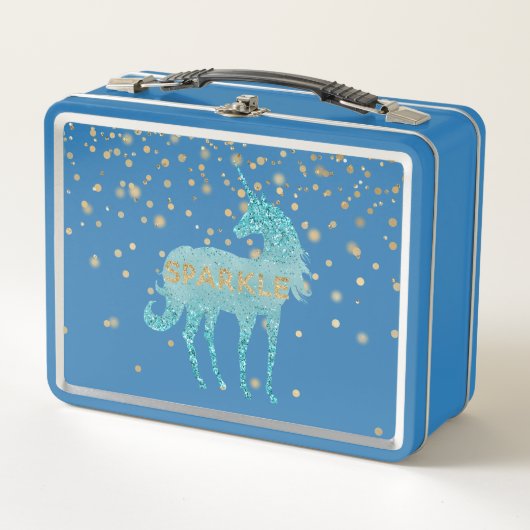 Glitzy Aqua Sparkle Unicorn Metall Brotdose (Vorderseite)