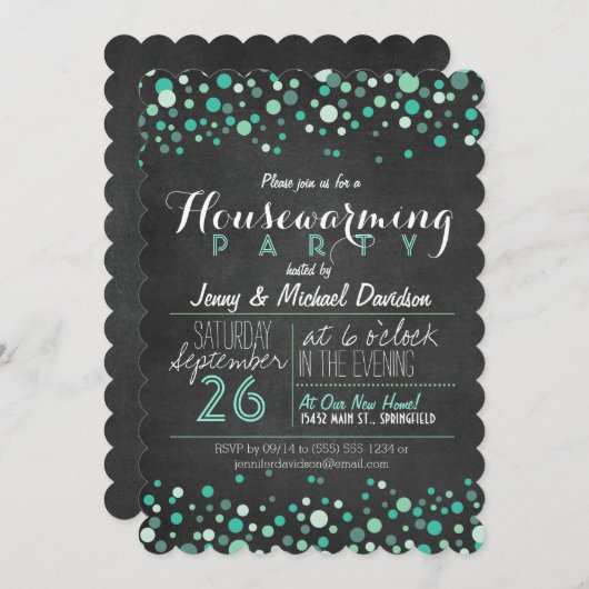Glitzy Aquamarin Green Chalkboard Housewarming Par Einladung (Vorne/Hinten)