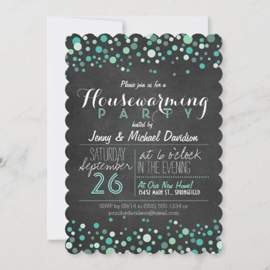 Glitzy Aquamarin Green Chalkboard Housewarming Par Einladung (Vorderseite)