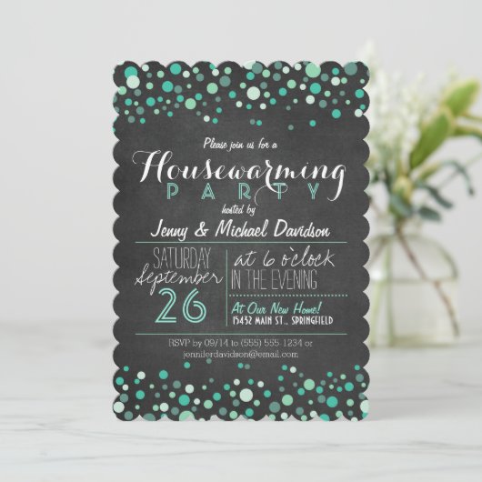 Glitzy Aquamarin Green Chalkboard Housewarming Par Einladung (Stehend Vorderseite)