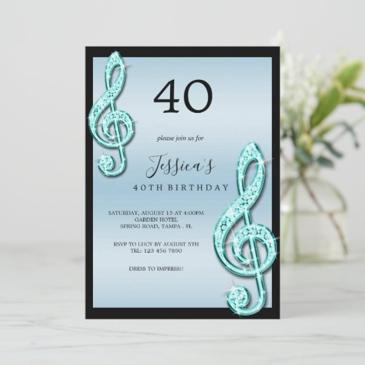 Glitzy Aquamarin Musiknotens Geburtstag Einladung (Stehend Vorderseite)