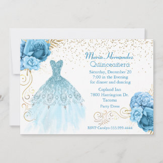 Glitzy Aquamarine und Gold Gown Quinceñera Einladung