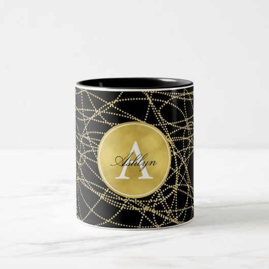 Glitzy Black Abstrakt Monogram Zweifarbige Tasse (Mittel)