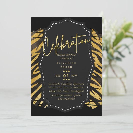 Glitzy Black Gold Brautparty Einladungen (Stehend Vorderseite)