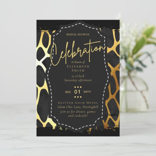 Glitzy Black Gold Brautparty Einladungen (Stehend Vorderseite)