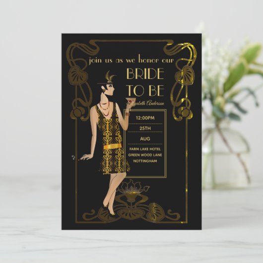 Glitzy Black Gold Brautparty Einladungen (Stehend Vorderseite)