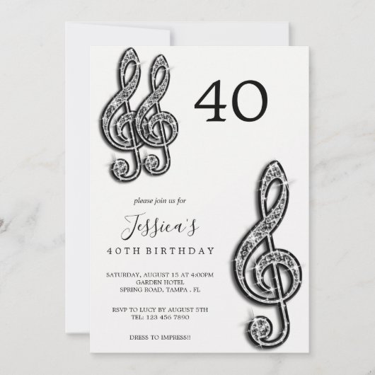 Glitzy Black Musiknotens Geburtstag Einladung (Vorderseite)