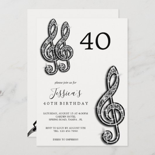Glitzy Black Musiknotens Geburtstag Einladung (Vorne/Hinten)