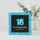 Glitzy Blue Black Sweet 16 Party Einladungen (Stehend Vorderseite)