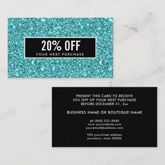Glitzy Blue Glitzer Feminine Black Coupon Card Visitenkarte (Vorne/Hinten)