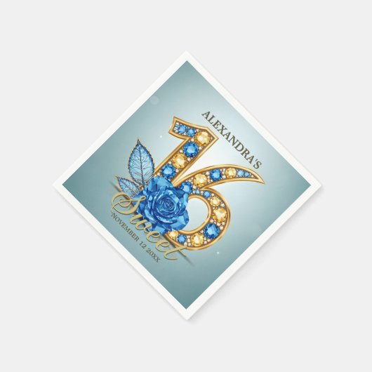 Glitzy Chic Blue Rose Gold Gemstone Sweet 16 Serviette (Ecke)