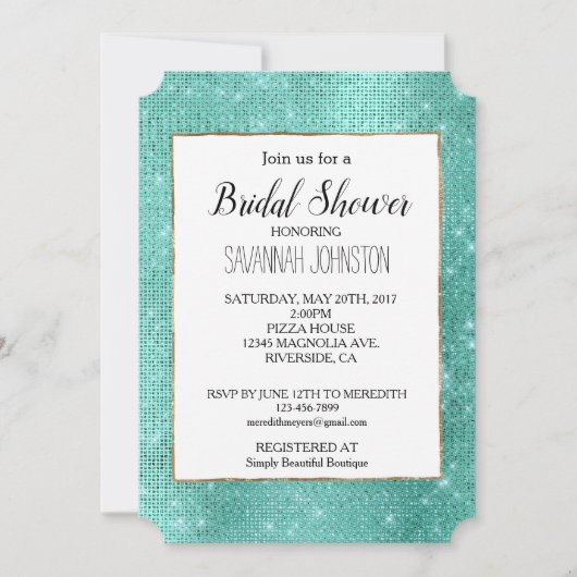 Glitzy Chic Mint Green Sparkle Brautparty Einladung (Vorderseite)