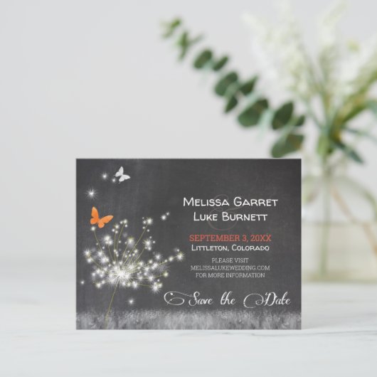 Glitzy Dandelion Chalkboard Wedding Save the Date Postkarte (Stehend Vorderseite)