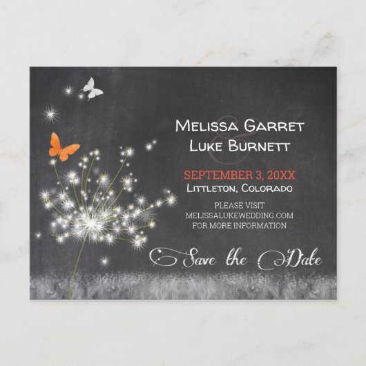 Glitzy Dandelion Chalkboard Wedding Save the Date Postkarte (Vorderseite)