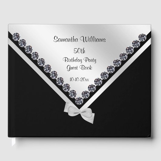 Glitzy Diamonds & Silver Bow 50. Geburtstag Gästebuch (Vorderseite)