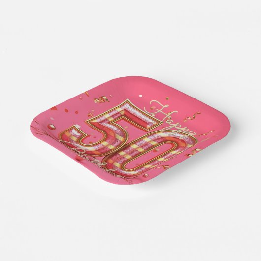 Glitzy Elegant gestreift Pink & Gold 50. Geburtsta Pappteller (Gewinkelt)