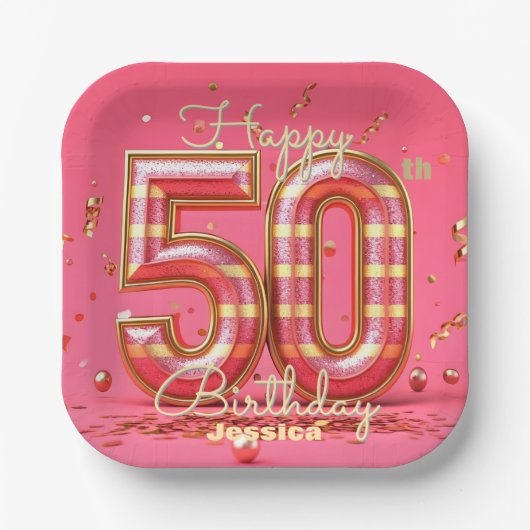 Glitzy Elegant gestreift Pink & Gold 50. Geburtsta Pappteller (Vorderseite)